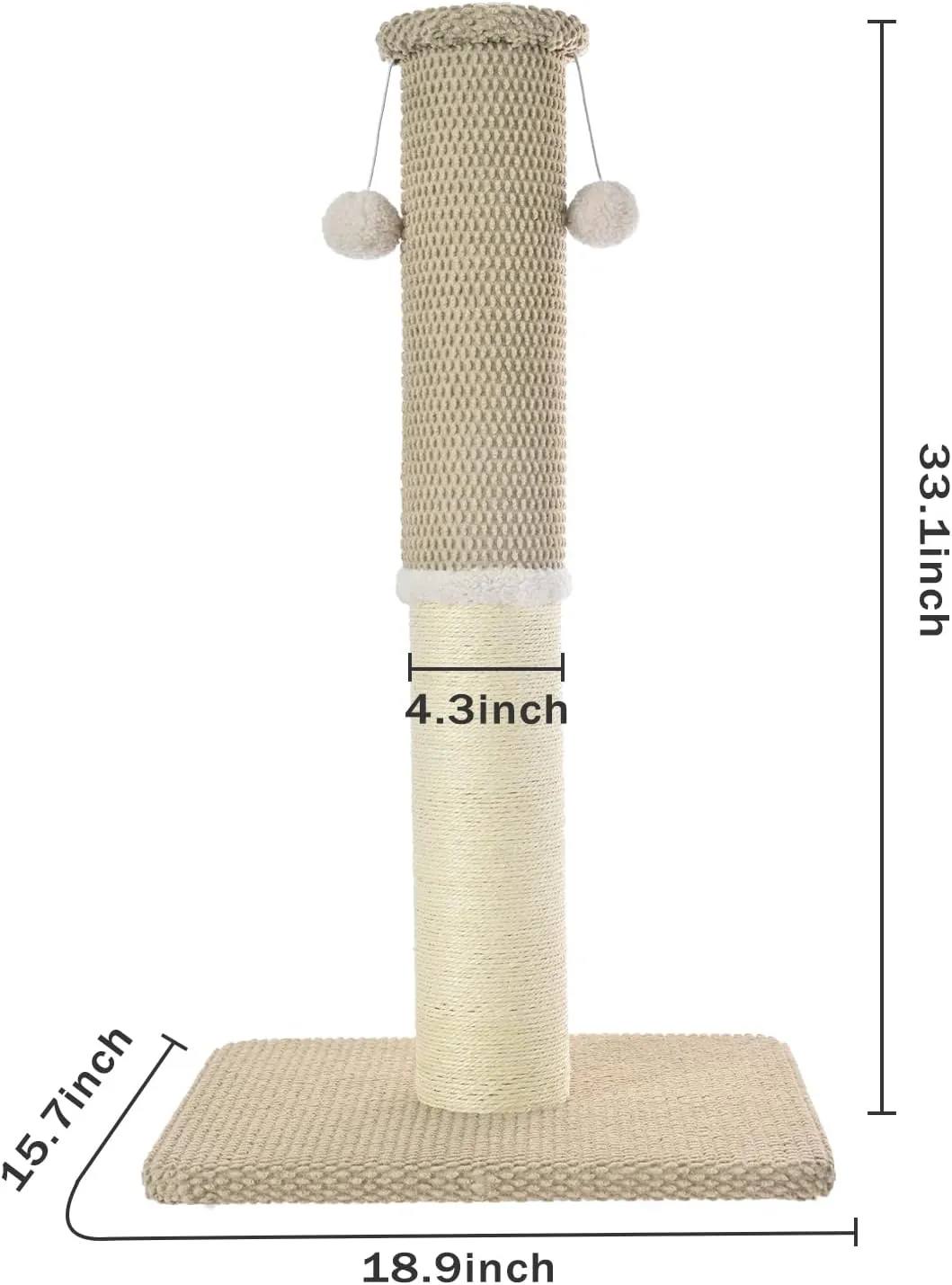 Made4Pets Cat Scratching Post 33", Tall Scratching Posts for Indoor Cats Adults, Natural Sisal Rope Cat Scratcher with Replacement Hanging Balls, 4.3 Inches Thick Cat Scratch Post, Beige