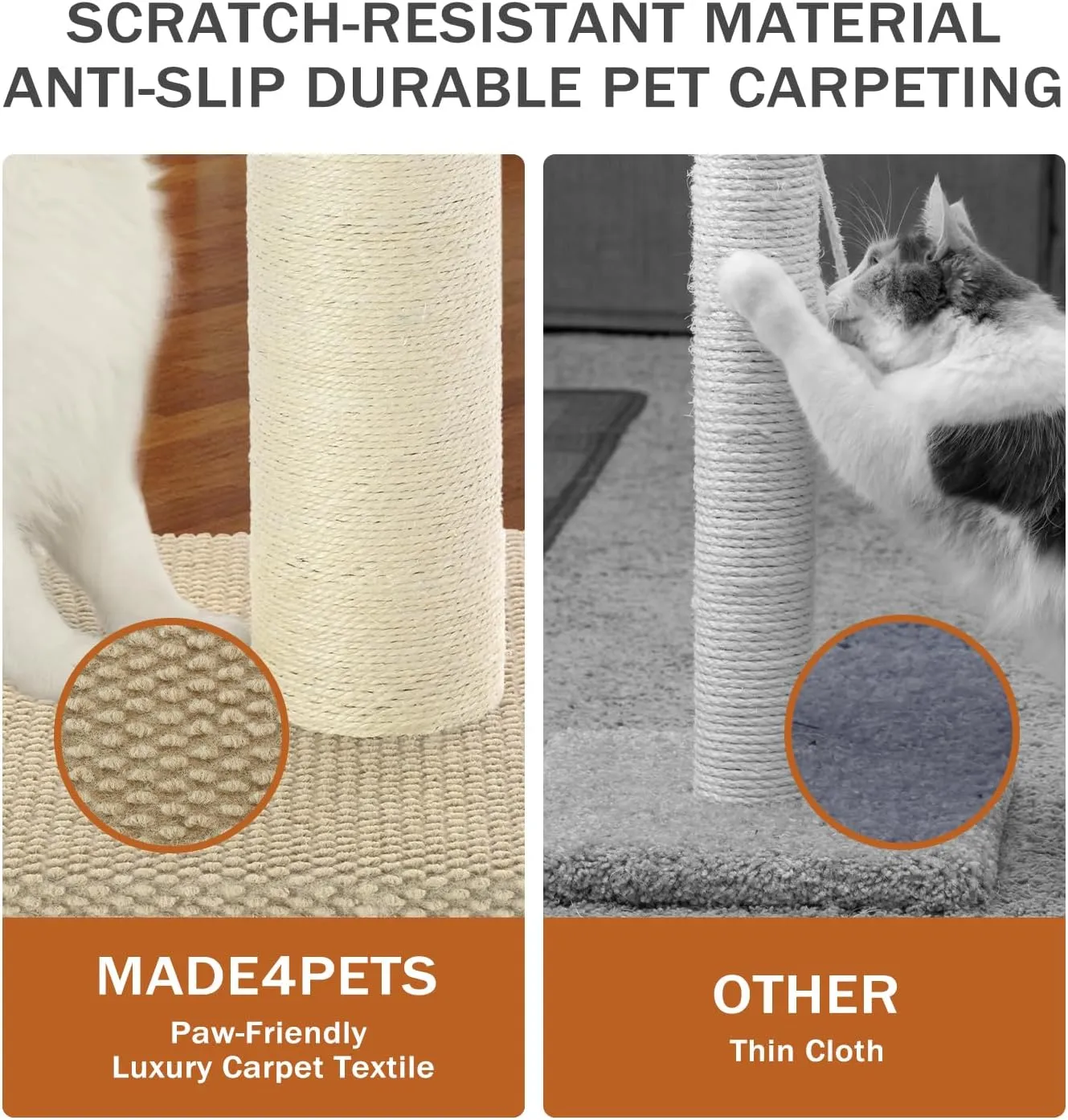 Made4Pets Cat Scratching Post 33", Tall Scratching Posts for Indoor Cats Adults, Natural Sisal Rope Cat Scratcher with Replacement Hanging Balls, 4.3 Inches Thick Cat Scratch Post, Beige