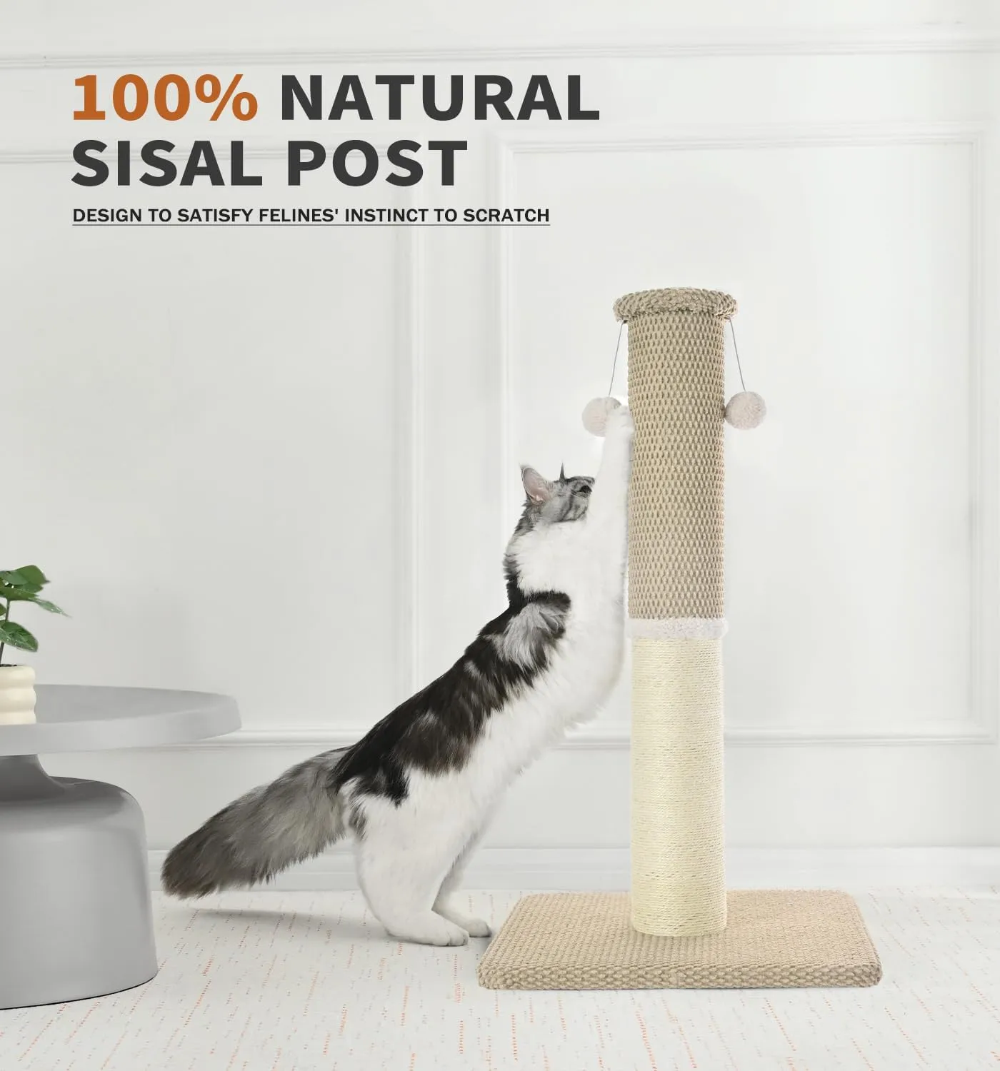 Made4Pets Cat Scratching Post 33", Tall Scratching Posts for Indoor Cats Adults, Natural Sisal Rope Cat Scratcher with Replacement Hanging Balls, 4.3 Inches Thick Cat Scratch Post, Beige