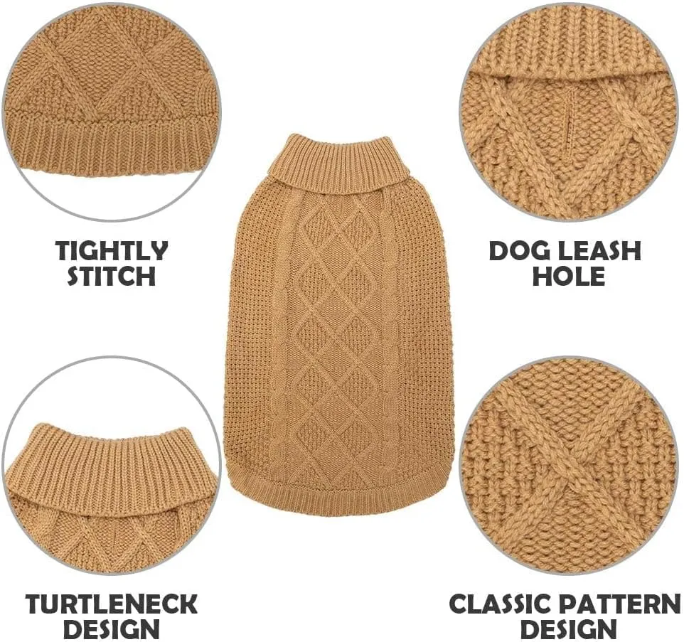 Mihachi Turtleneck Dog Sweater - Winter Coat Apparel Classic Cable Knit Clothes with Leash Hole for Cold Weather, Ideal Gift for Pet in New Year Khaki
