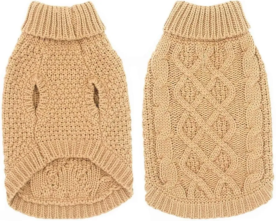 Mihachi Turtleneck Dog Sweater - Winter Coat Apparel Classic Cable Knit Clothes with Leash Hole for Cold Weather, Ideal Gift for Pet in New Year Khaki