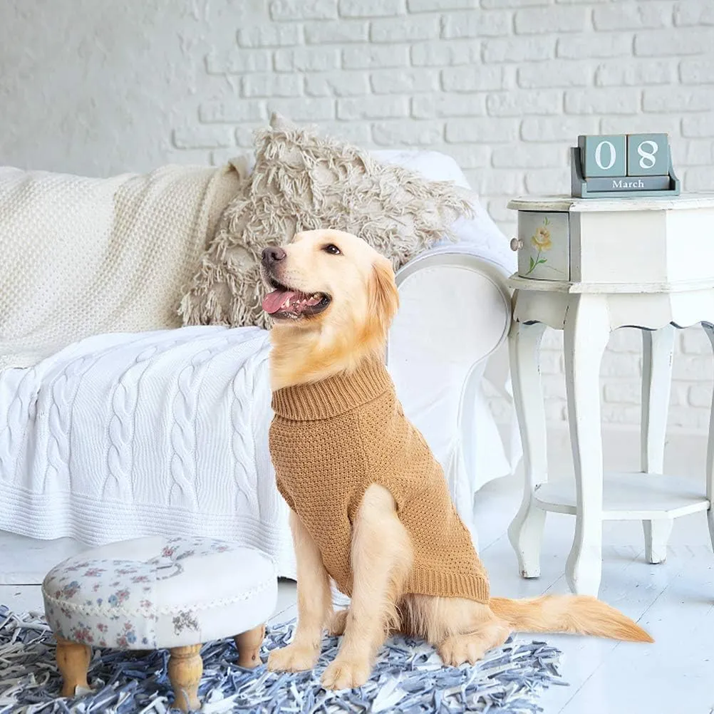 Mihachi Turtleneck Dog Sweater - Winter Coat Apparel Classic Cable Knit Clothes with Leash Hole for Cold Weather, Ideal Gift for Pet in New Year Khaki