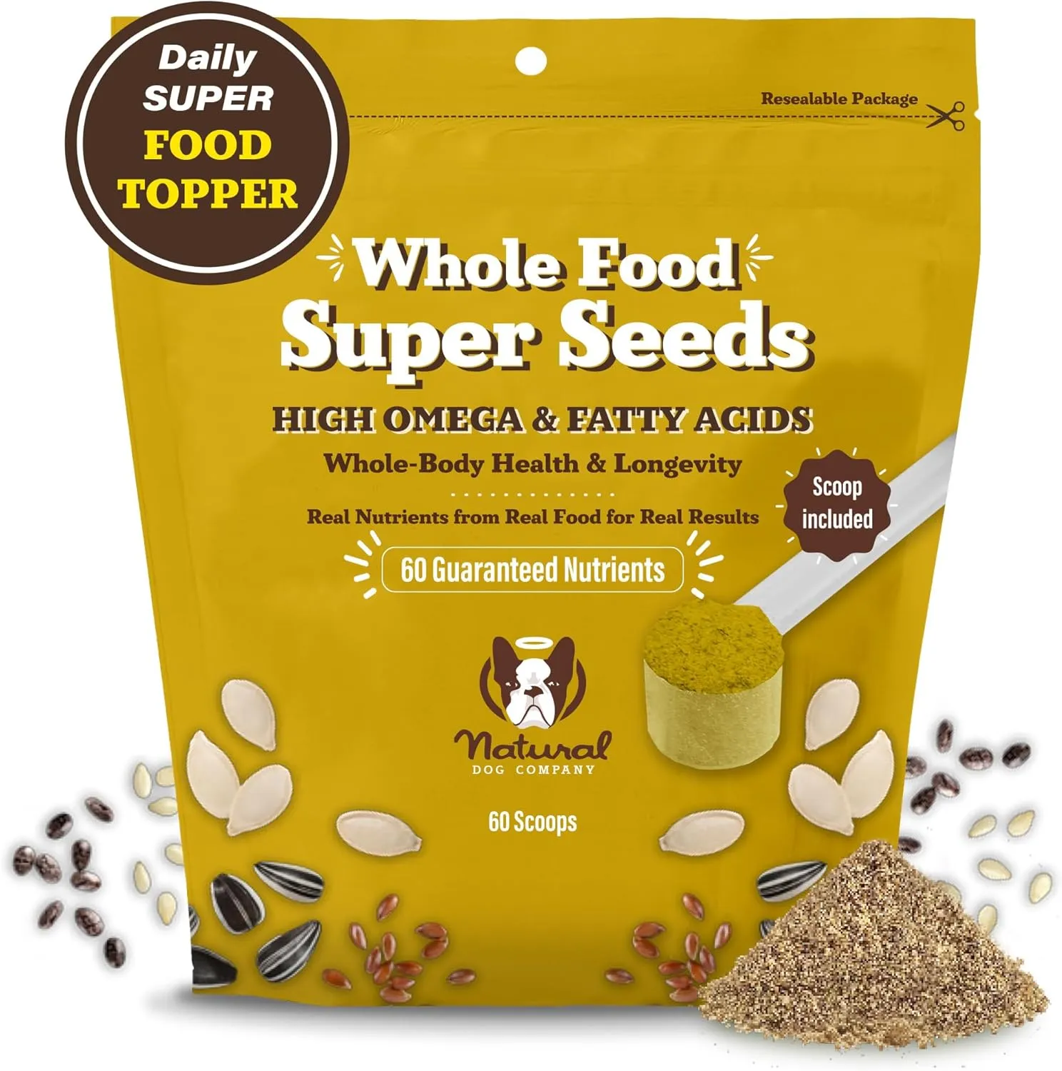 Natural Dog Company Super Seeds Food Topper, Omega-Rich, Natural Dog Multivitamin, Superfood Supplement, Dog Coat and Skin Health, Grain-Free Supplement, Daily Nutrition Boost, 8 Oz