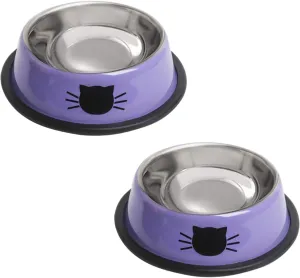 Non-Slip Stainless Steel Small Cat Food and Water Bowls, 2PCS Stackable Pet Bowls with Removable Rubber Base, 8 Oz Capacity, Cute Cat Painted Design