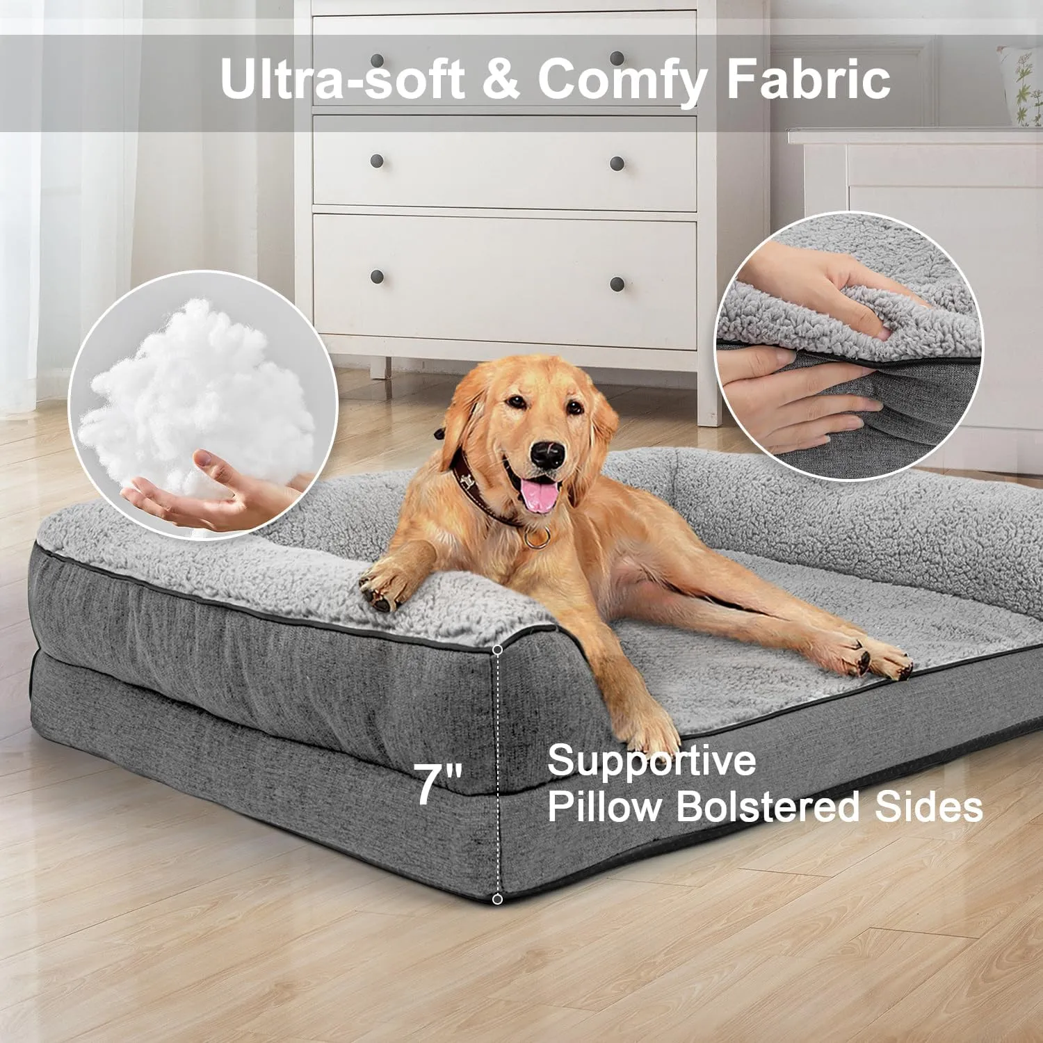 Orthopedic Dog Bed, Bolster Couch for Large Dogs, Removable Washable Cover Pet Bed, Foam Nonskid Dog Mat