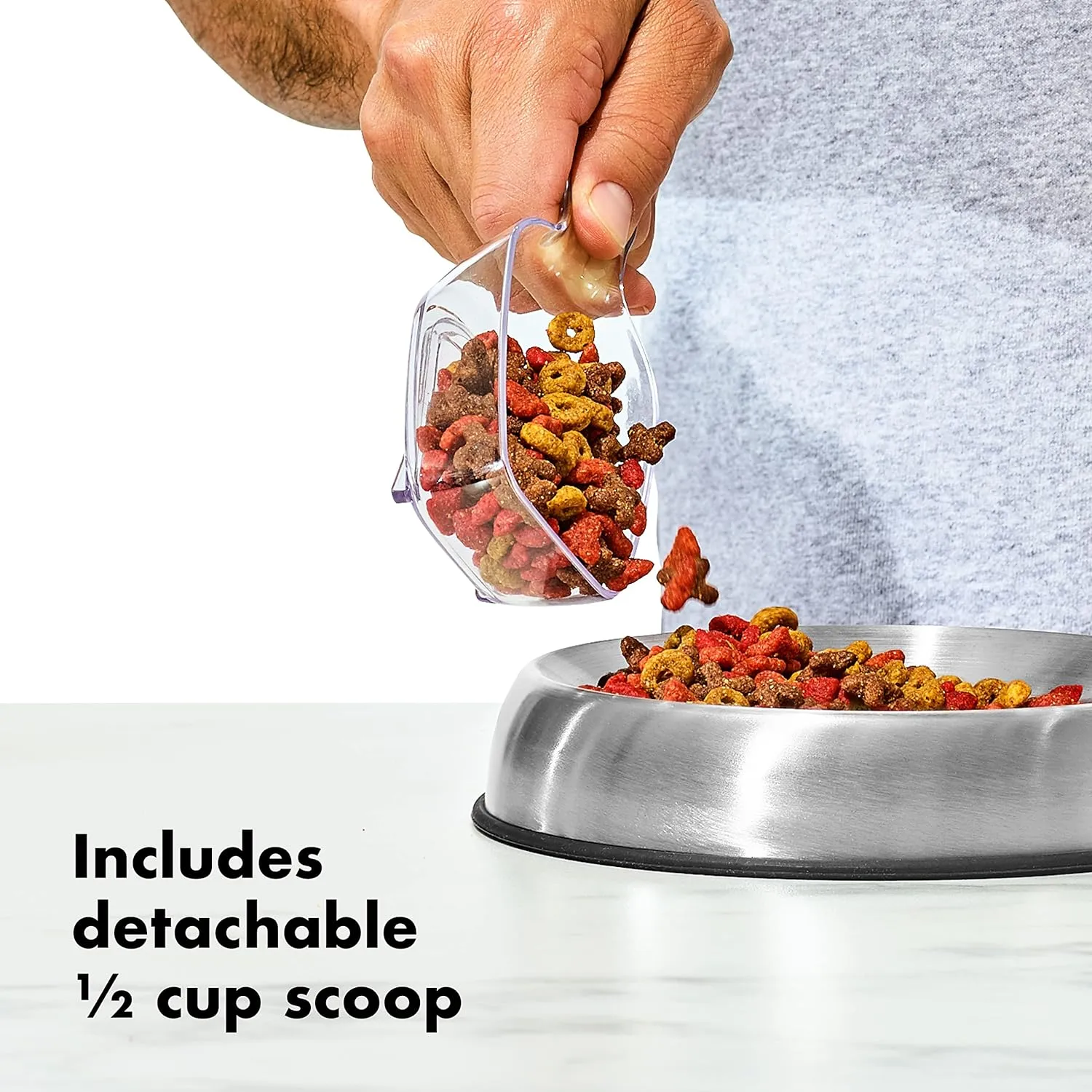 OXO Good Grips Pet POP Container  6.0 Qt/5.7 L with Half Scoop |Ideal for up to 6.5lbs of Dog Food or 4.5lbs of Cat Food | Airtight Dog and Cat Food Storage Container | BPA Free, Clear