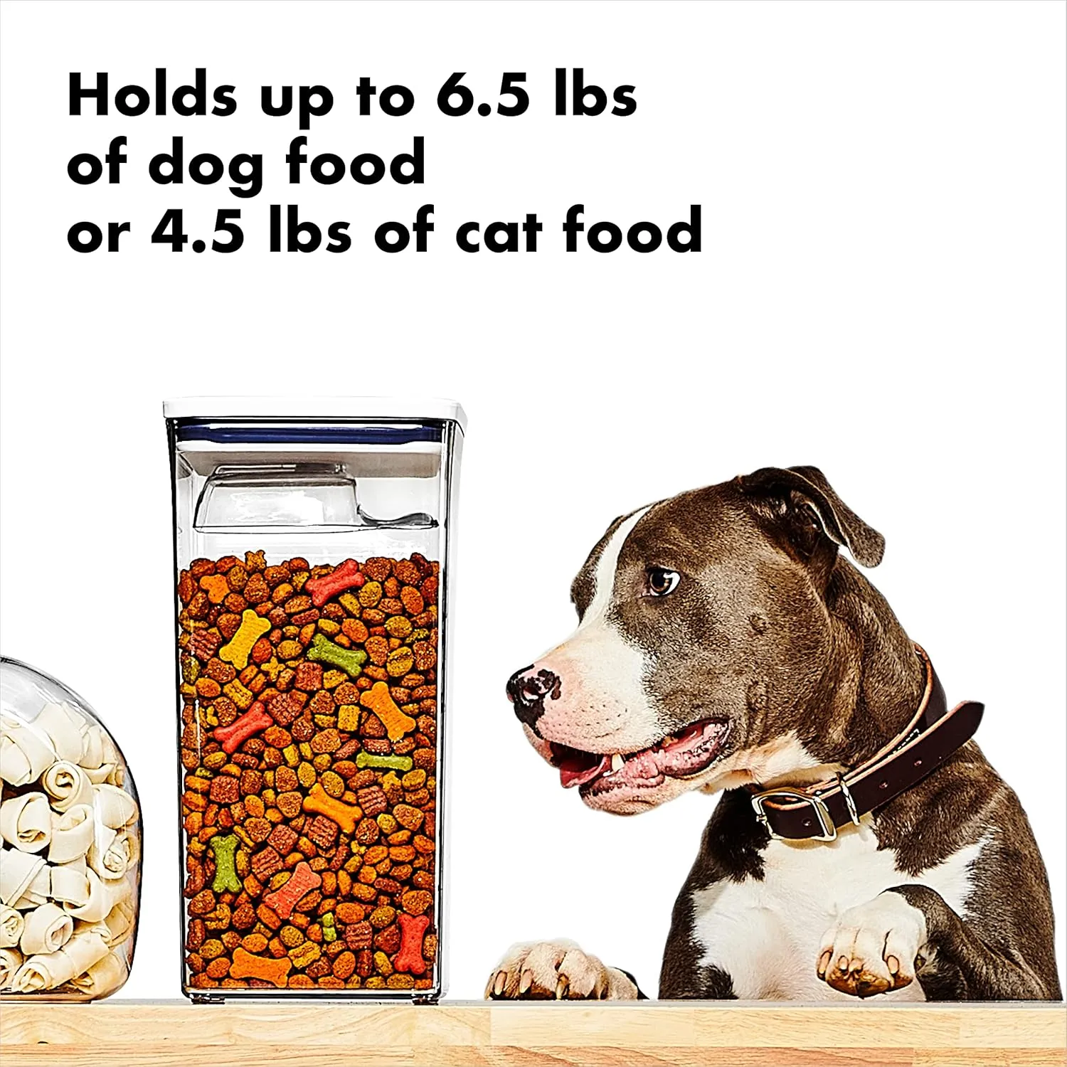 OXO Good Grips Pet POP Container  6.0 Qt/5.7 L with Half Scoop |Ideal for up to 6.5lbs of Dog Food or 4.5lbs of Cat Food | Airtight Dog and Cat Food Storage Container | BPA Free, Clear