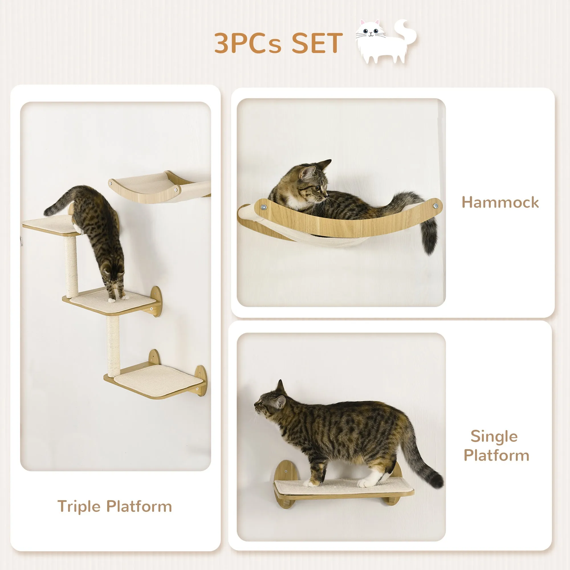 PawHut 3PCs Wall Mounted Cat Tree Cat Shelves Climbing Shelf Set Scratching Post