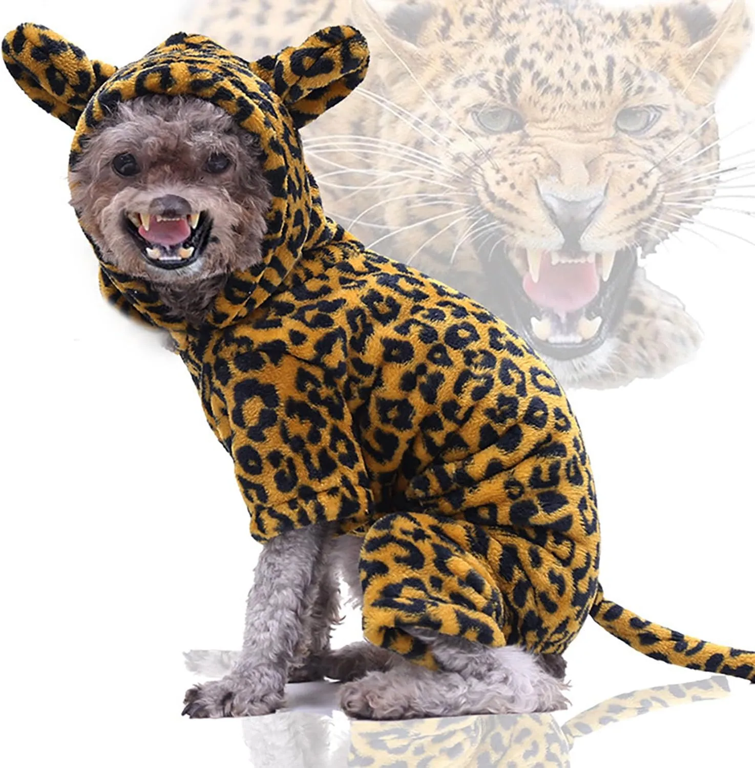 Pet Cheetah Costumes for Halloween Christmas, Funny Dog Cat Cosplay Coat Hoodie Outfits Warm Winter Fleece Clothes