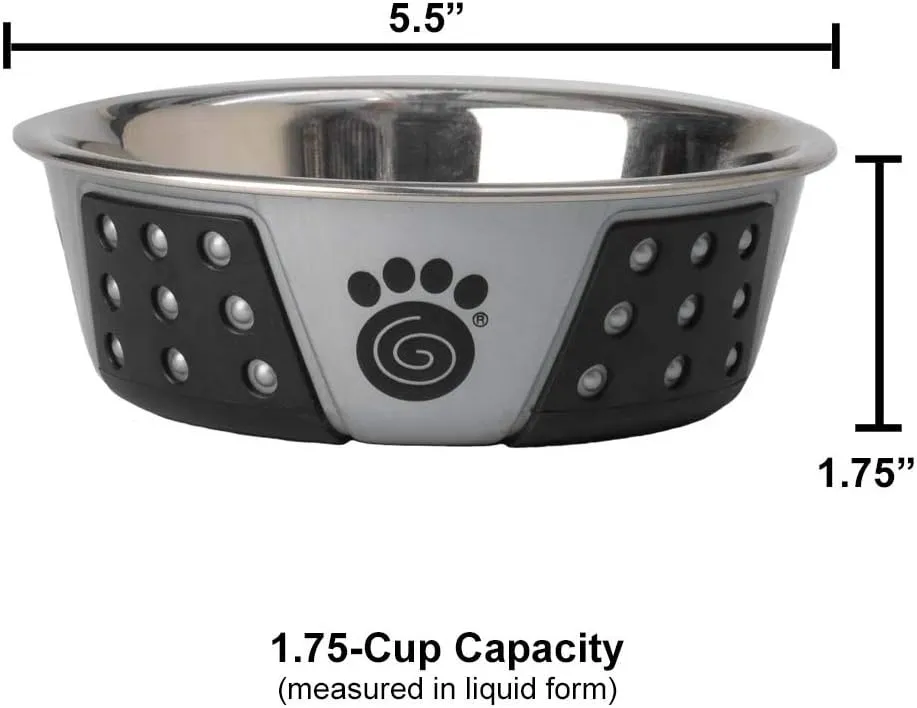PetRageous 13097 Fiji Stainless Steel Non-Slip Dishwasher-Safe Dog Bowl 1.75-Cup Capacity 5.5-inch Diameter 1.75-inch Tall for Small and Medium Size Dogs and Cats, Light Grey and Black