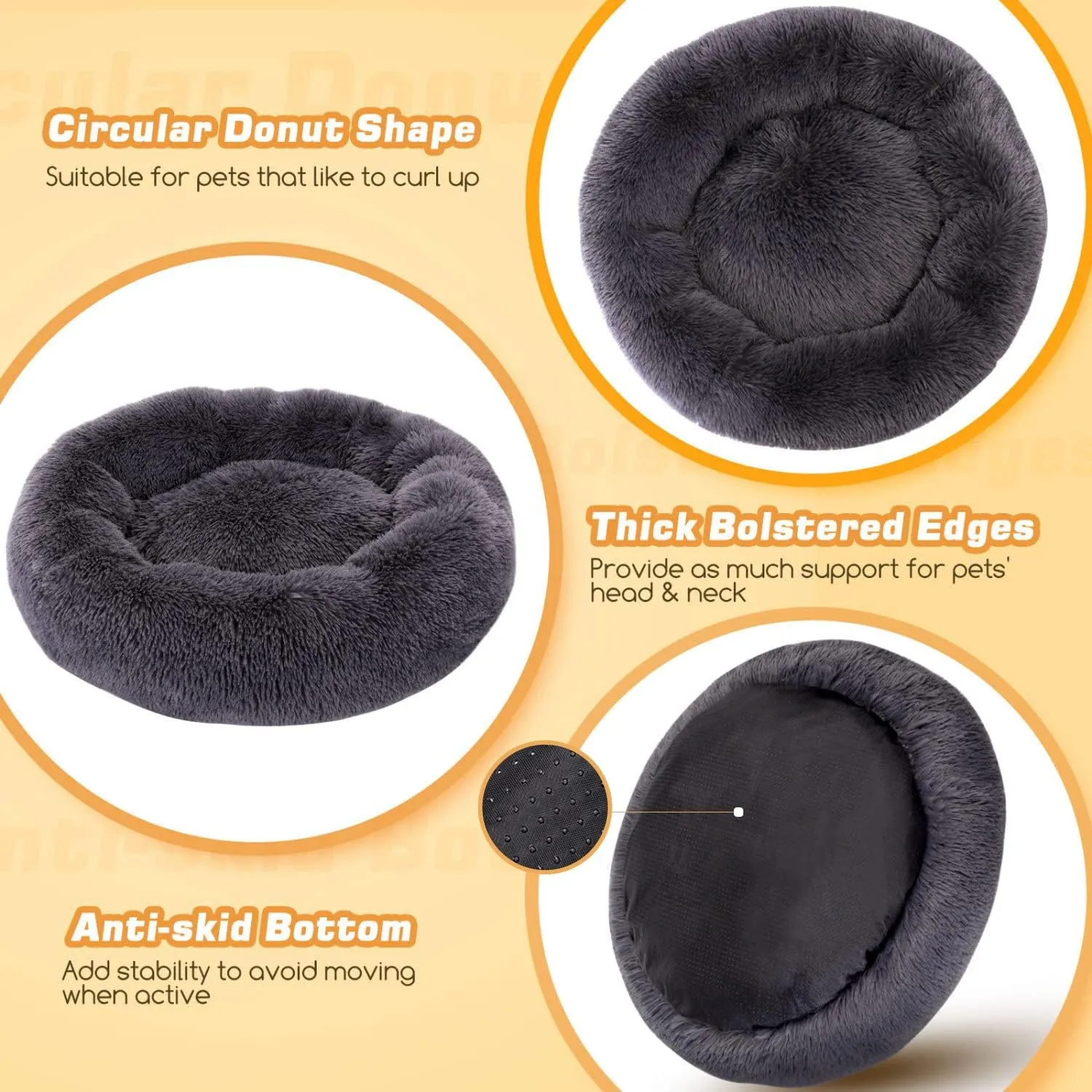 Plush Donut Calming Cat Dog Bed, Extra Large Anti Anxiety Round Fluffy Big Pet Bed, Washable Self Warming Soft Durable Cute XXL Puppy Beds for Large Medium Small Dogs,Red,60cm/24in