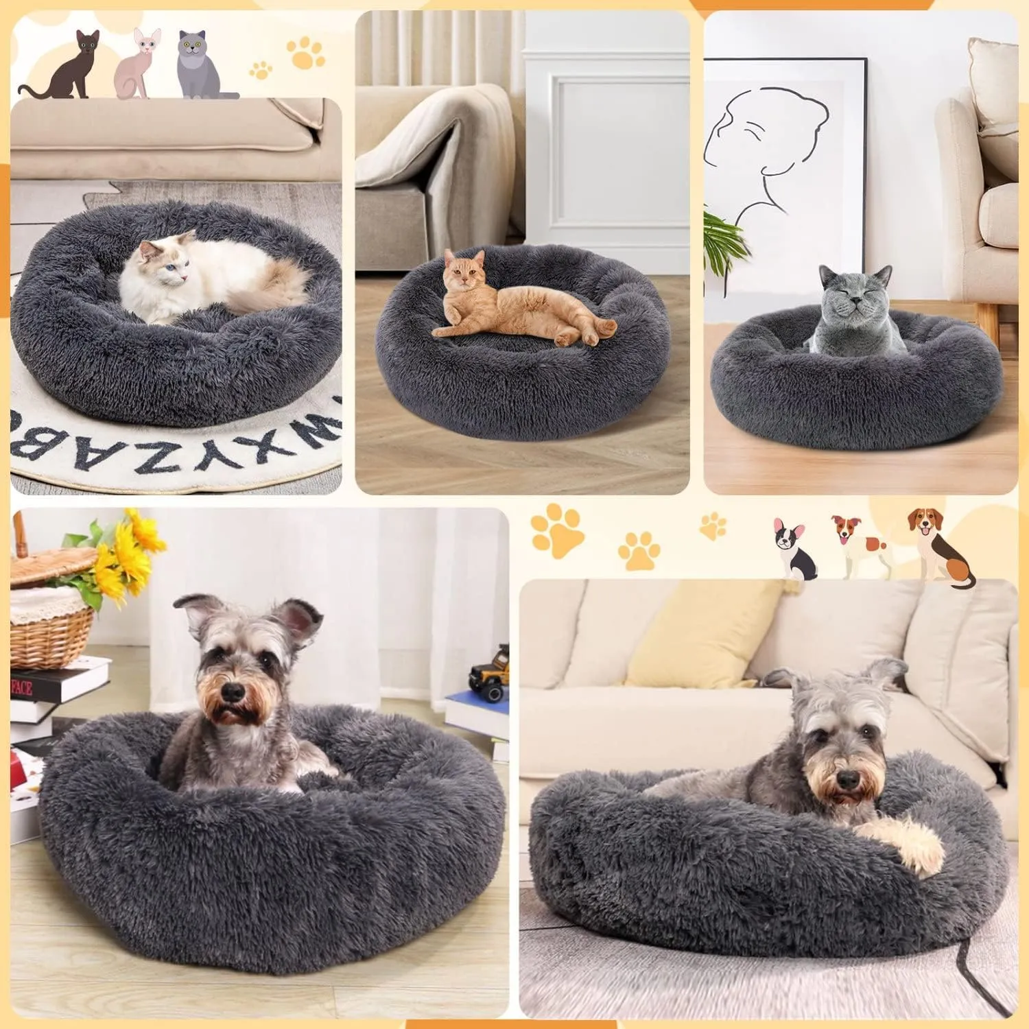 Plush Donut Calming Cat Dog Bed, Extra Large Anti Anxiety Round Fluffy Big Pet Bed, Washable Self Warming Soft Durable Cute XXL Puppy Beds for Large Medium Small Dogs,Red,60cm/24in