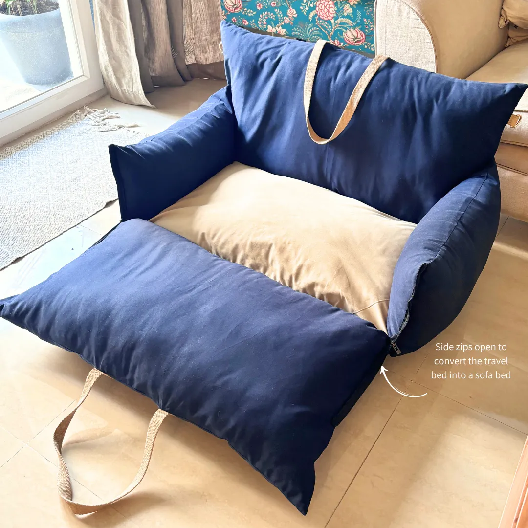 PoochMate Dog Travel Bed Large : Navy & Beige