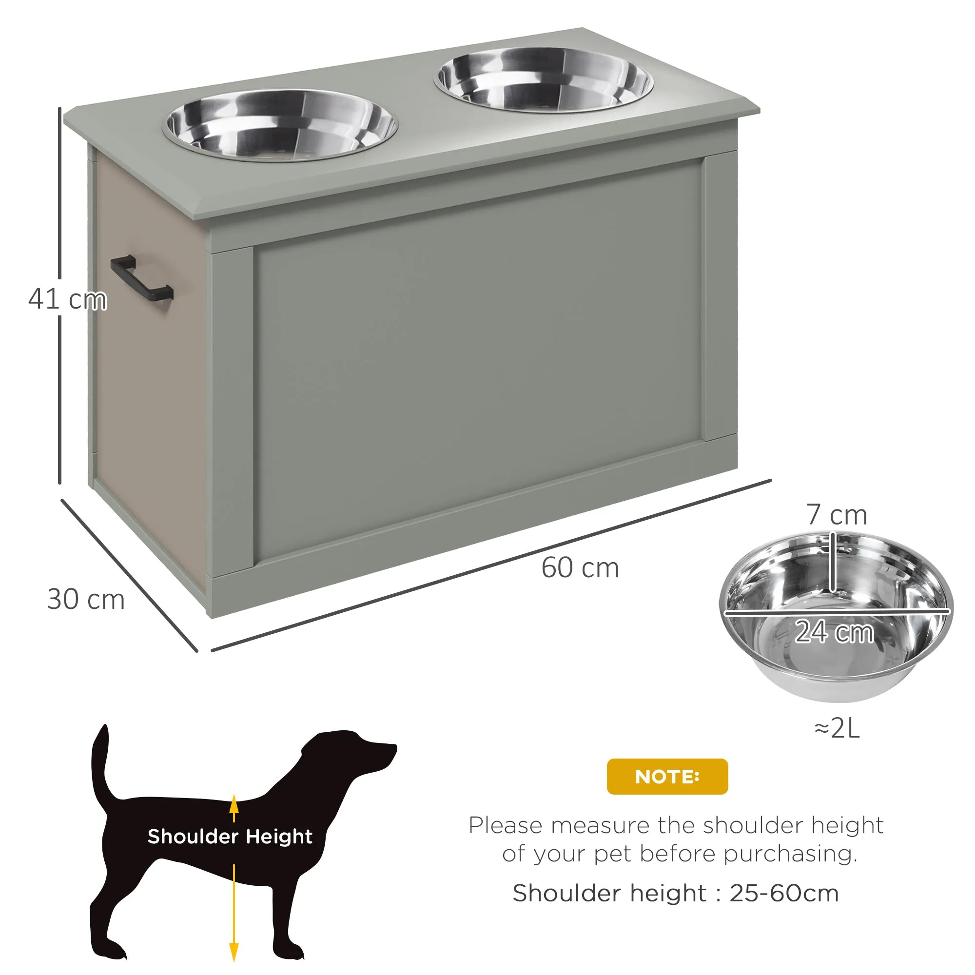 Raised Dog Bowls, with Storage, Two Stainless Steel Bowls, Elevated Base - Grey