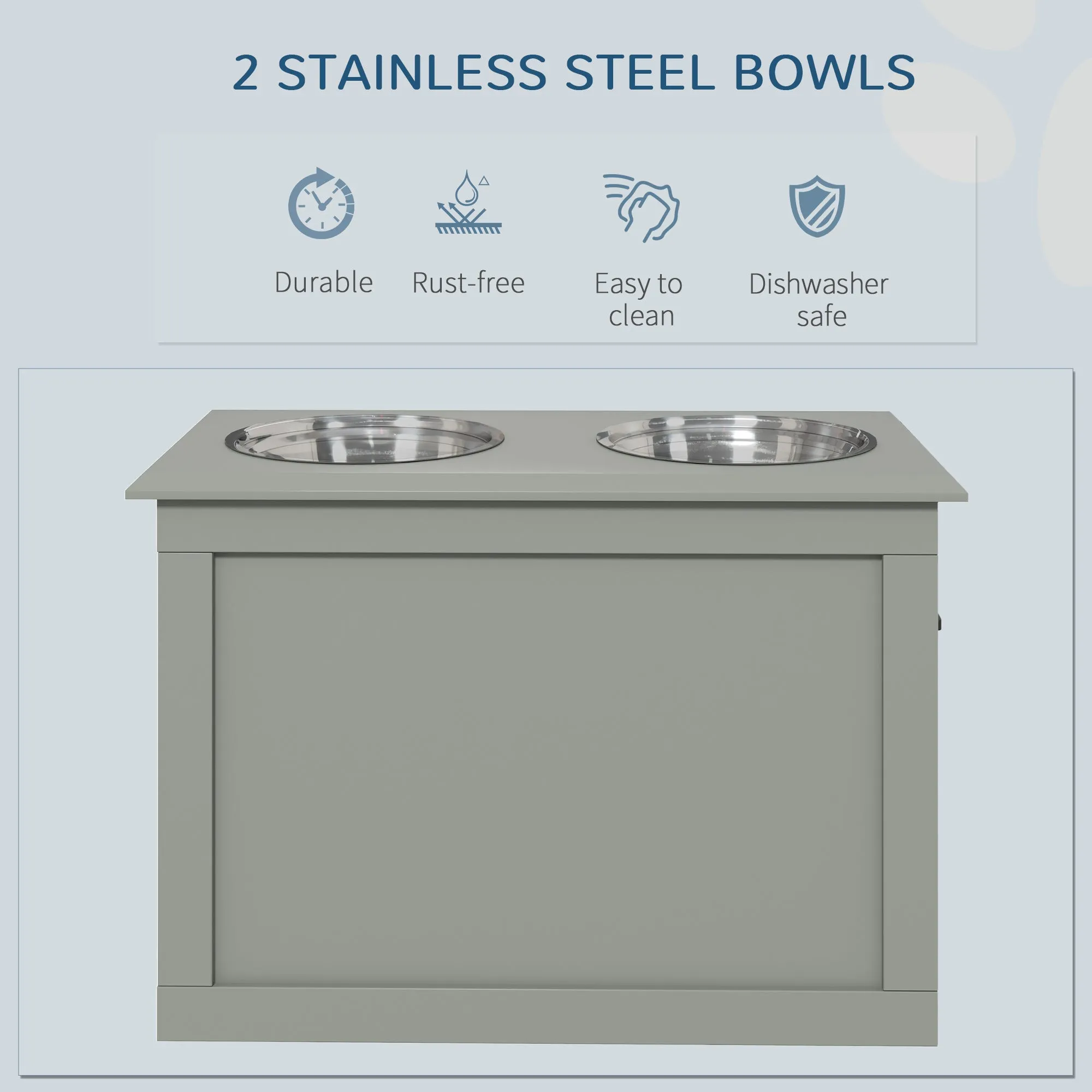Raised Dog Bowls, with Storage, Two Stainless Steel Bowls, Elevated Base - Grey