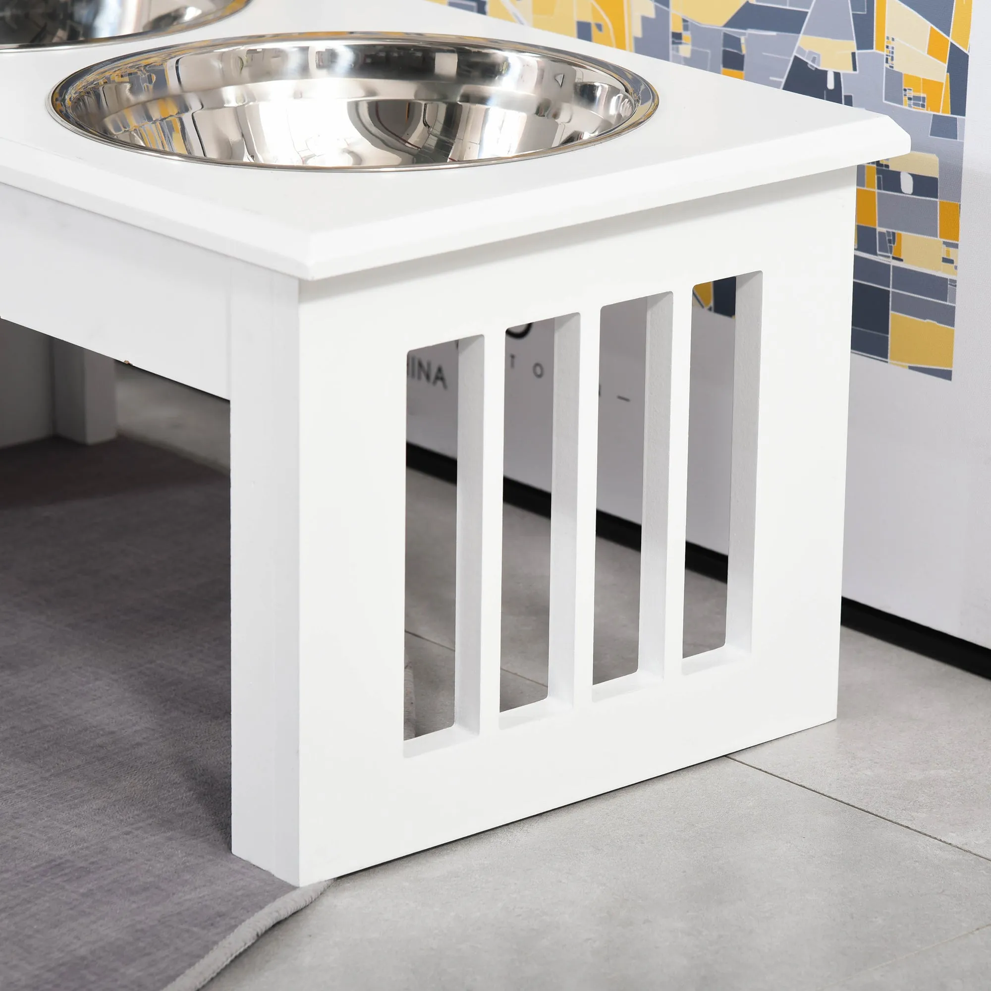 Raised Dog Feeding Bowls with Stand, Stainless Steel for  Extra Small and Small Dog, 44L x 24W x 15H cm - White