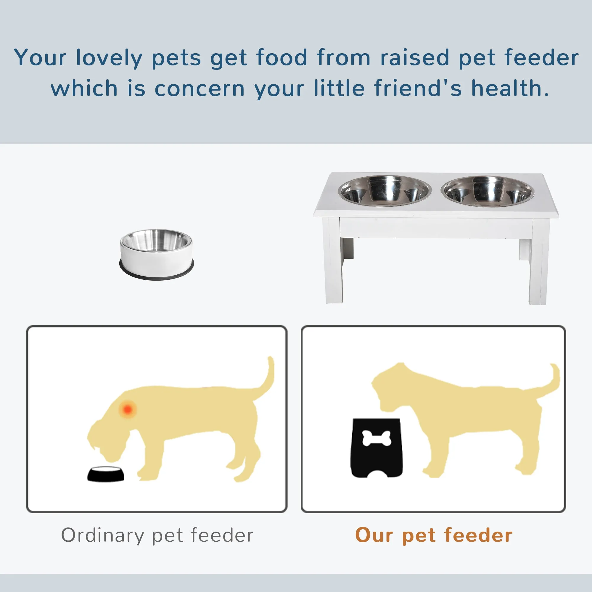 Raised Dog Feeding Bowls with Stand, Stainless Steel for  Extra Small and Small Dog, 44L x 24W x 15H cm - White