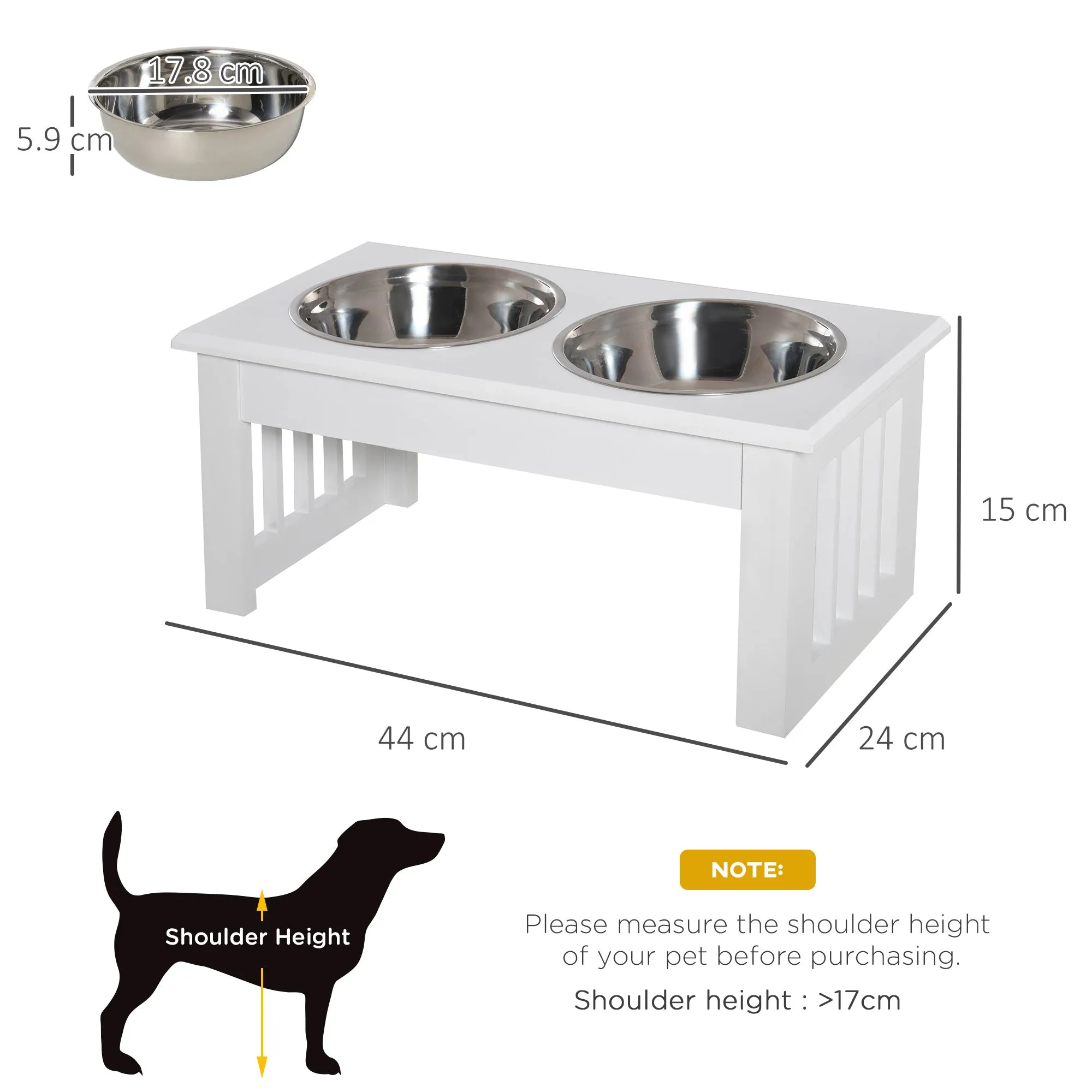 Raised Dog Feeding Bowls with Stand, Stainless Steel for  Extra Small and Small Dog, 44L x 24W x 15H cm - White