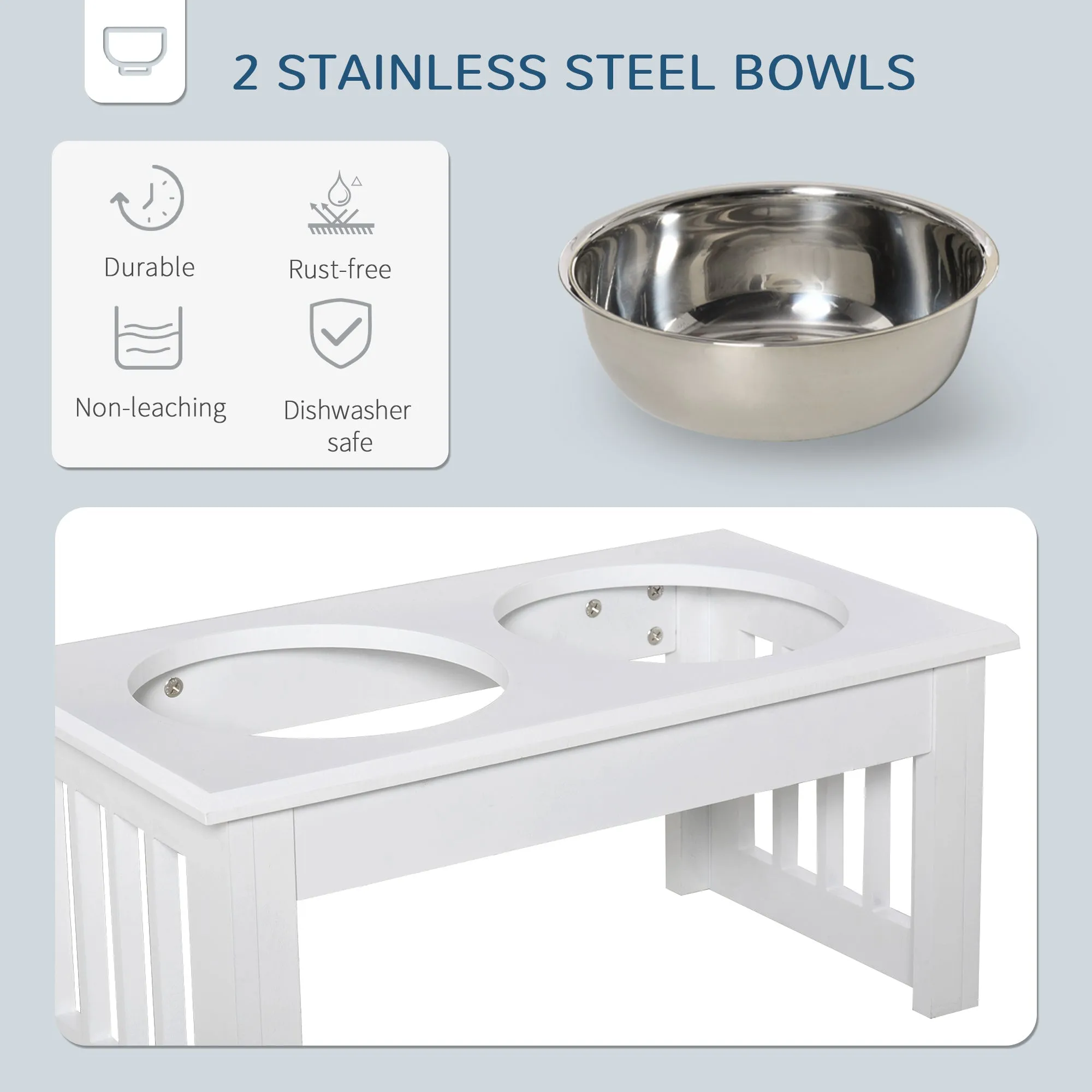 Raised Dog Feeding Bowls with Stand, Stainless Steel for  Extra Small and Small Dog, 44L x 24W x 15H cm - White