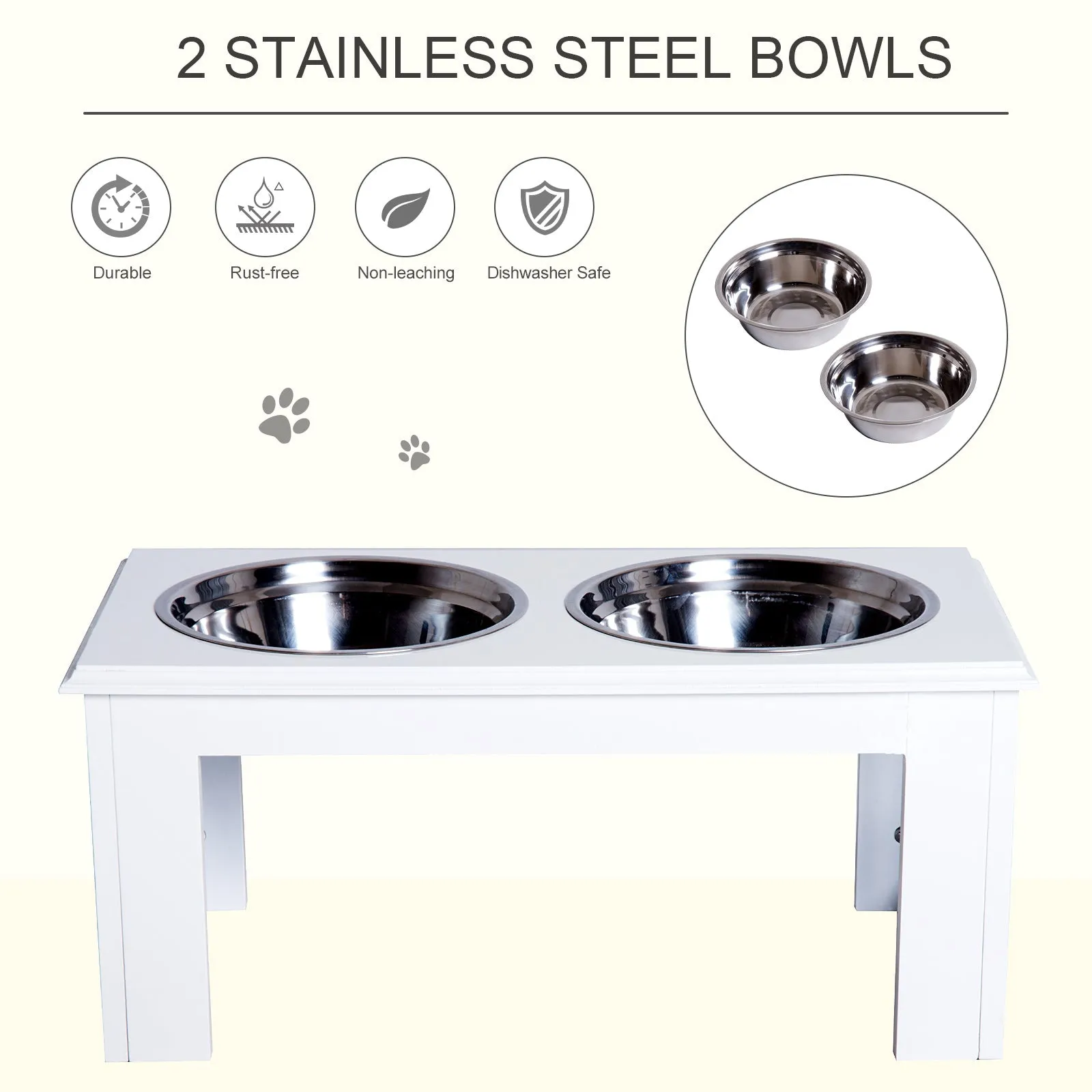 Raised Dog Feeding Bowls with Stand, Stainless Steel for Medium Dog, 58L x 31W x 25H cm - White