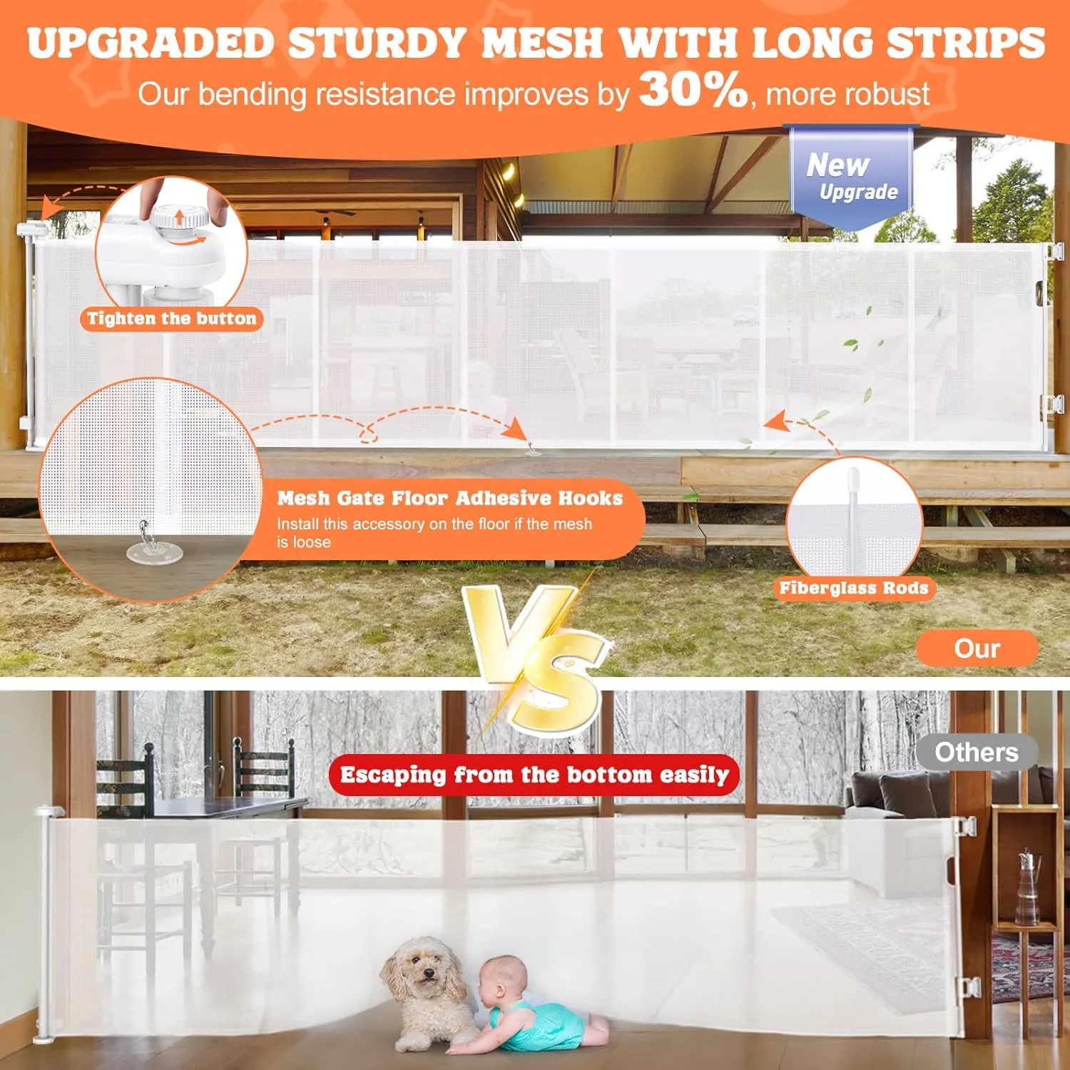 Retractable Baby Gates Extra Wide 120'', 35" Tall Retractable Dog Gate for Large Openings, Upgraded Retractable Gate with Fiberglass,Extra Large Retractable Pet Gate for Dogs, Indoor&Outdoor