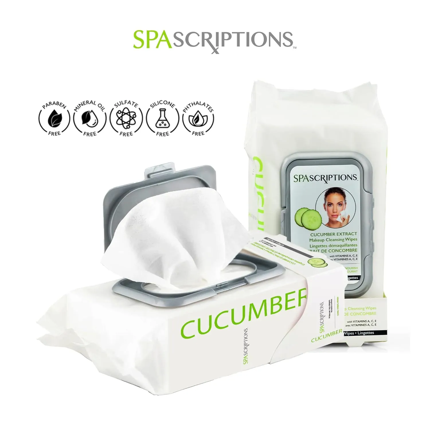 SpaScriptions Cucumber Makeup and Face Cleansing Wipes - Usable as Even Waterproof Mascara Cleanser Wipes - Face Wipes for Women for Beauty, Personal Care, Gentle and Effective Makeup Cleanser 60 Ct. 1 Pack