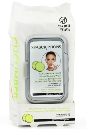 SpaScriptions Cucumber Makeup and Face Cleansing Wipes - Usable as Even Waterproof Mascara Cleanser Wipes - Face Wipes for Women for Beauty, Personal Care, Gentle and Effective Makeup Cleanser 60 Ct. 1 Pack