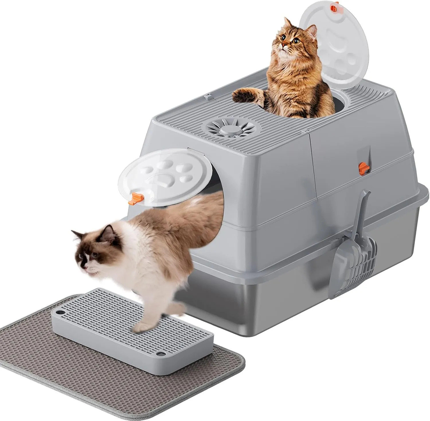 Stainless Steel Cat Litter Box with Lid, XL Large Extral Enclosed Metal Litter Box with Litter Scoop&Double Layer Litter Mat,Anti-Leakage, Easy Cleaning(Grey)