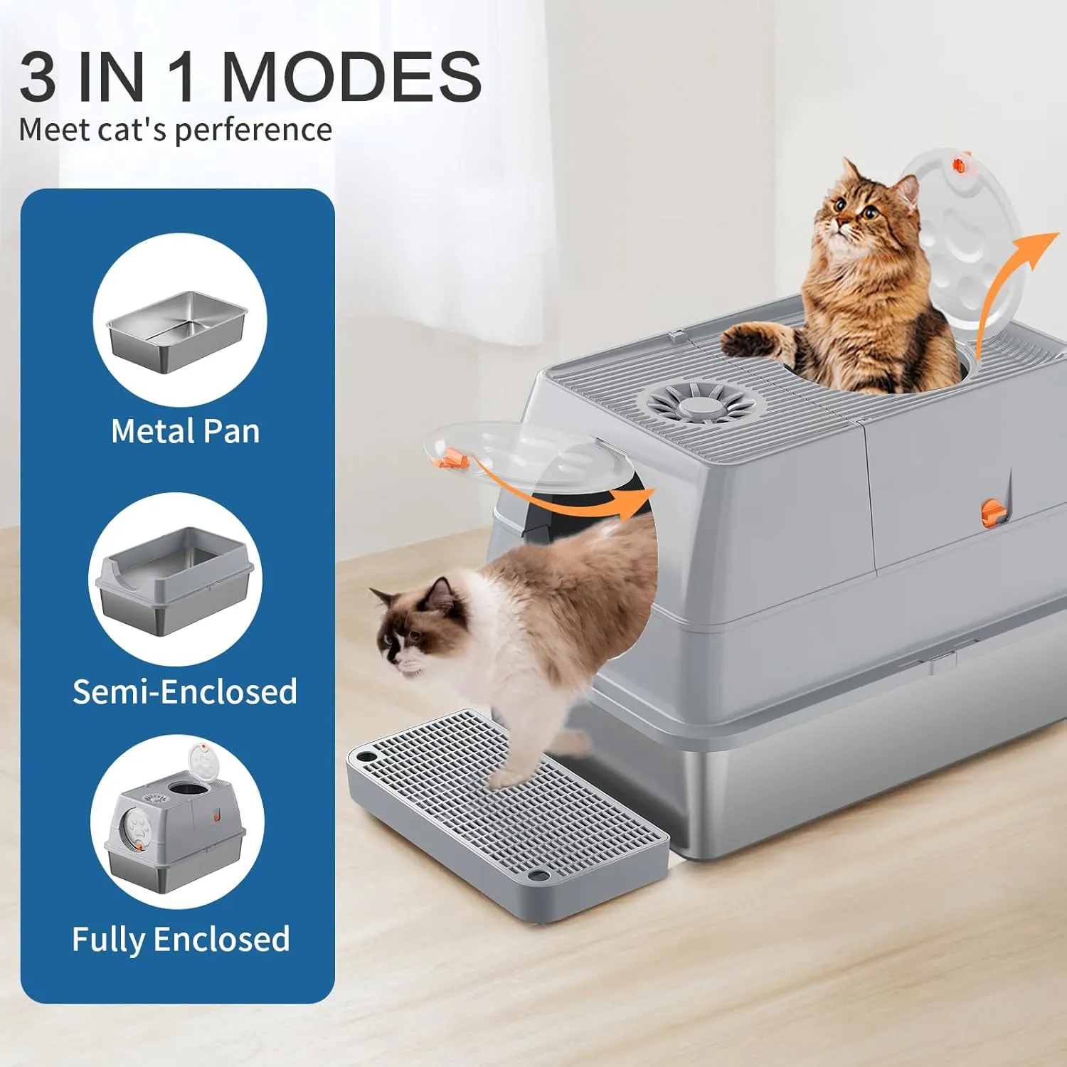 Stainless Steel Cat Litter Box with Lid, XL Large Extral Enclosed Metal Litter Box with Litter Scoop&Double Layer Litter Mat,Anti-Leakage, Easy Cleaning(Grey)