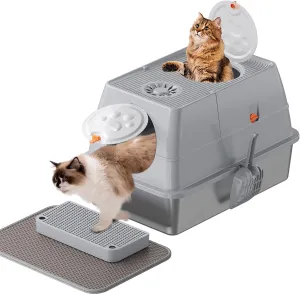 Stainless Steel Cat Litter Box with Lid, XL Large Extral Enclosed Metal Litter Box with Litter Scoop&Double Layer Litter Mat,Anti-Leakage, Easy Cleaning(Grey)