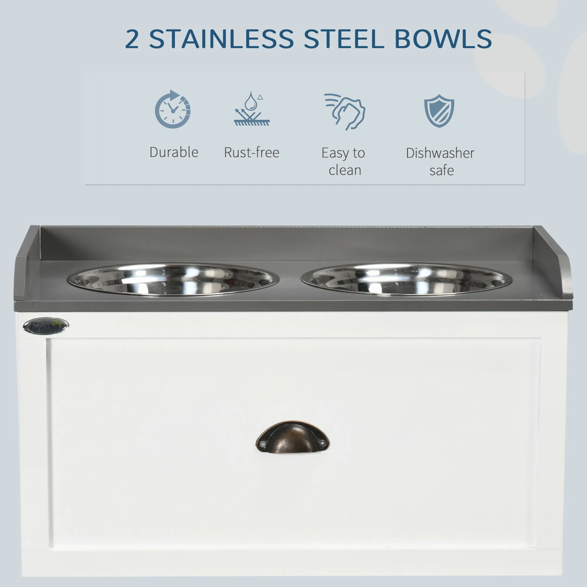 Stainless Steel Raised Dog Bowls, with 21L Storage Drawer for Large Dogs and Cats - White