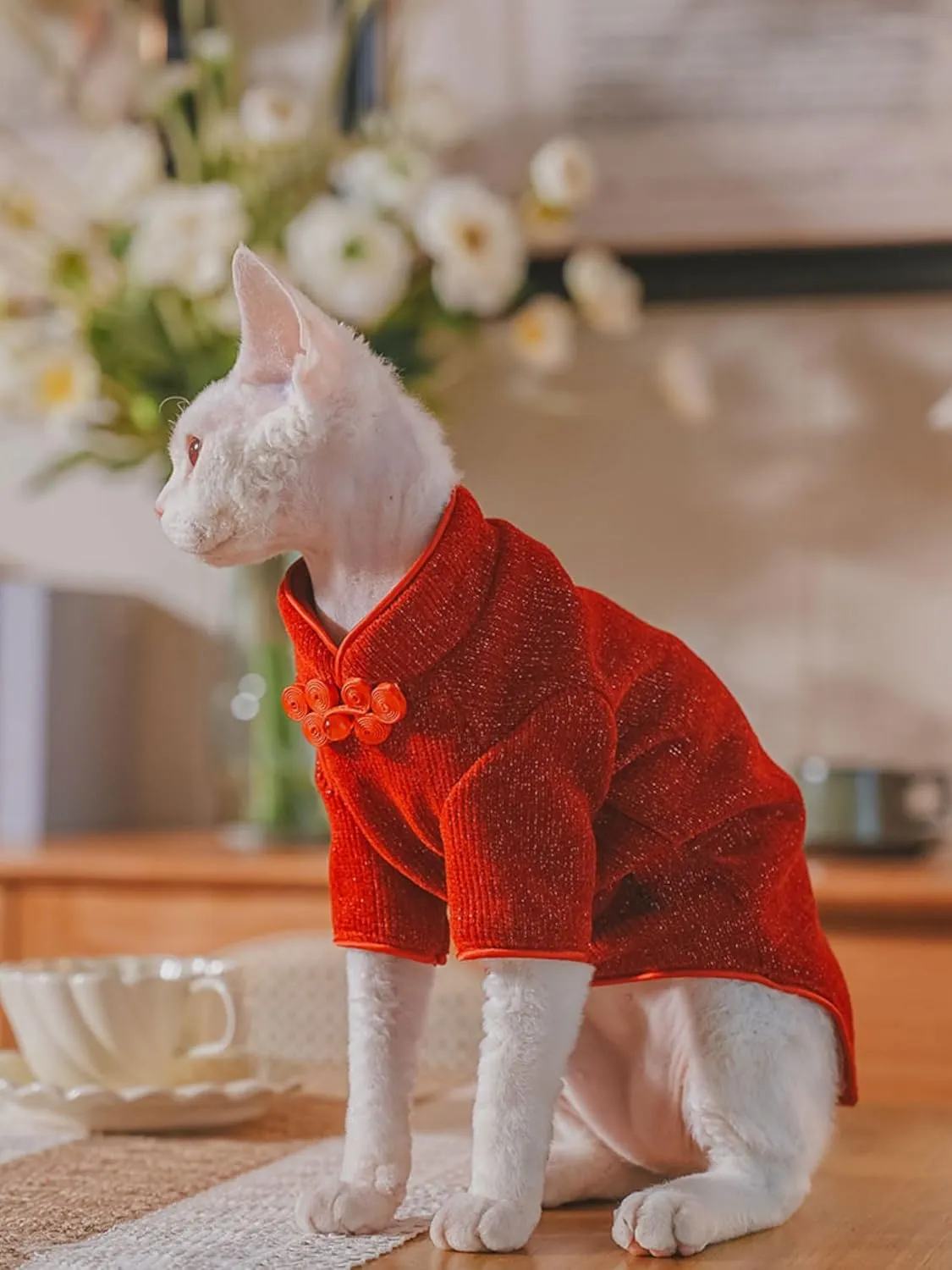 Traditional Culture Sphynx Hairless Cat Cotton T-Shirts Cat Clothes Pet Sweater Cat Vest Pet Clothes Kitten Shirts Cats & Small Dogs Apparel (Red Chi-Pao, S (3.3-5 lbs))
