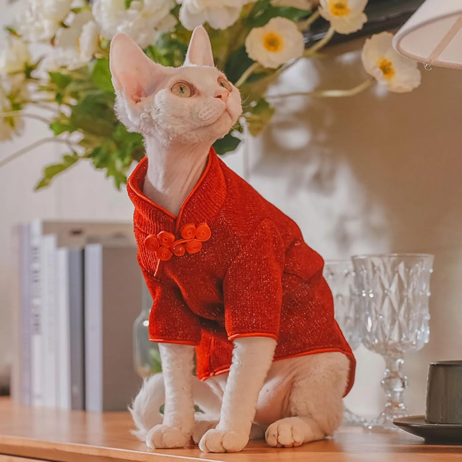 Traditional Culture Sphynx Hairless Cat Cotton T-Shirts Cat Clothes Pet Sweater Cat Vest Pet Clothes Kitten Shirts Cats & Small Dogs Apparel (Red Chi-Pao, S (3.3-5 lbs))