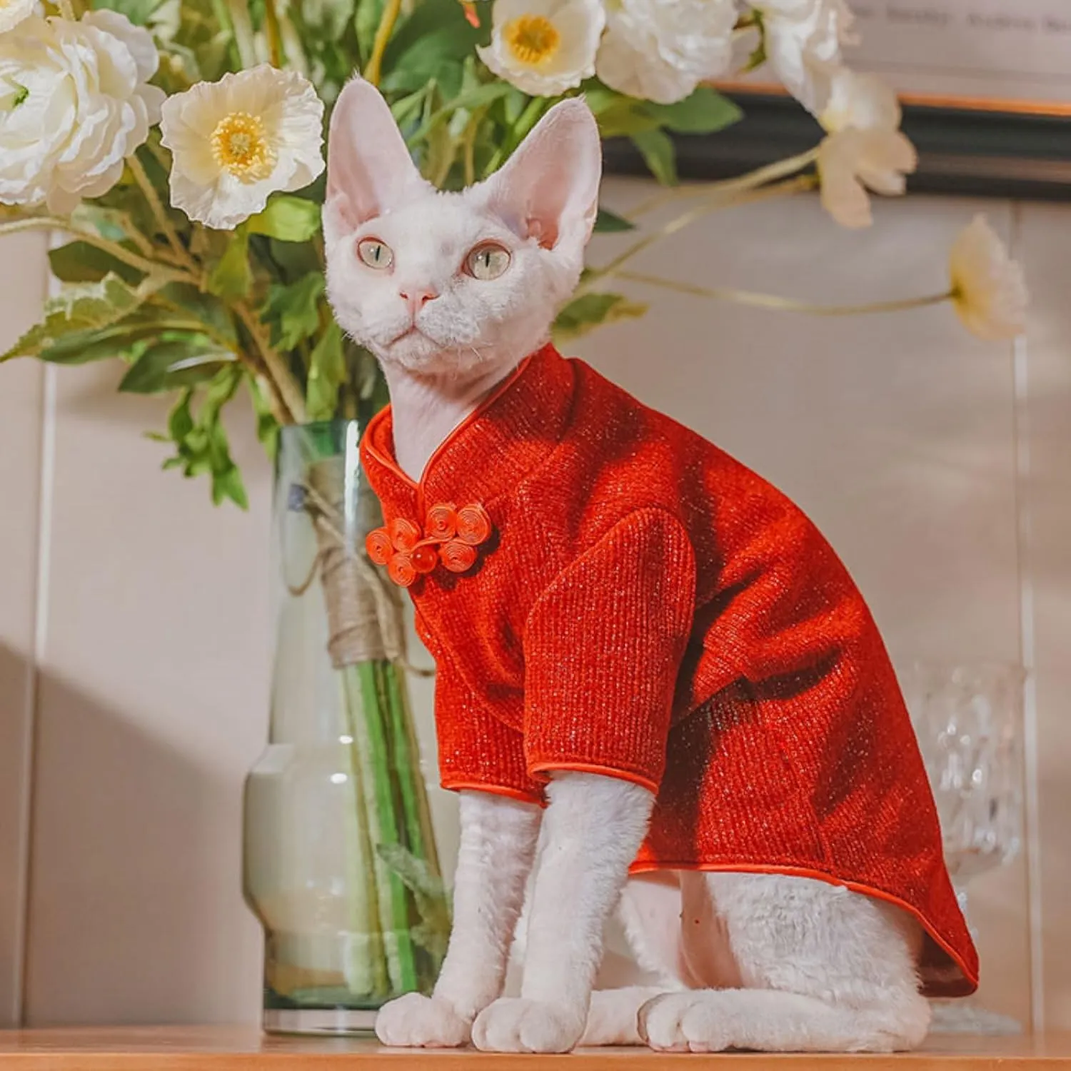 Traditional Culture Sphynx Hairless Cat Cotton T-Shirts Cat Clothes Pet Sweater Cat Vest Pet Clothes Kitten Shirts Cats & Small Dogs Apparel (Red Chi-Pao, S (3.3-5 lbs))