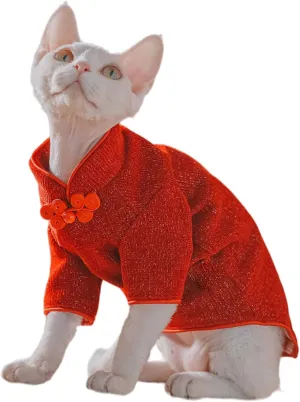 Traditional Culture Sphynx Hairless Cat Cotton T-Shirts Cat Clothes Pet Sweater Cat Vest Pet Clothes Kitten Shirts Cats & Small Dogs Apparel (Red Chi-Pao, S (3.3-5 lbs))