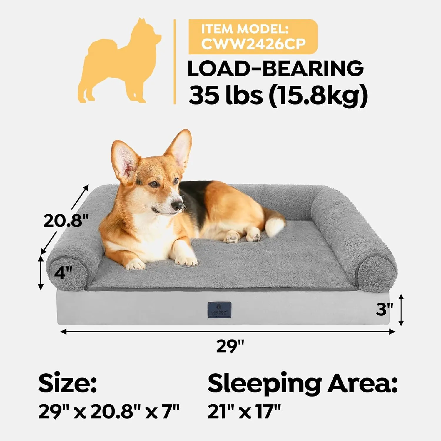 Veehoo Memory Foam Orthopedic Dog Beds-Washable Dog Bed with Removable Dutch Velvet Cover, Memory Foam Pet Bed with Sides-Non-Slip Sofa Couch for Medium Small Dogs, 29 * 20 in