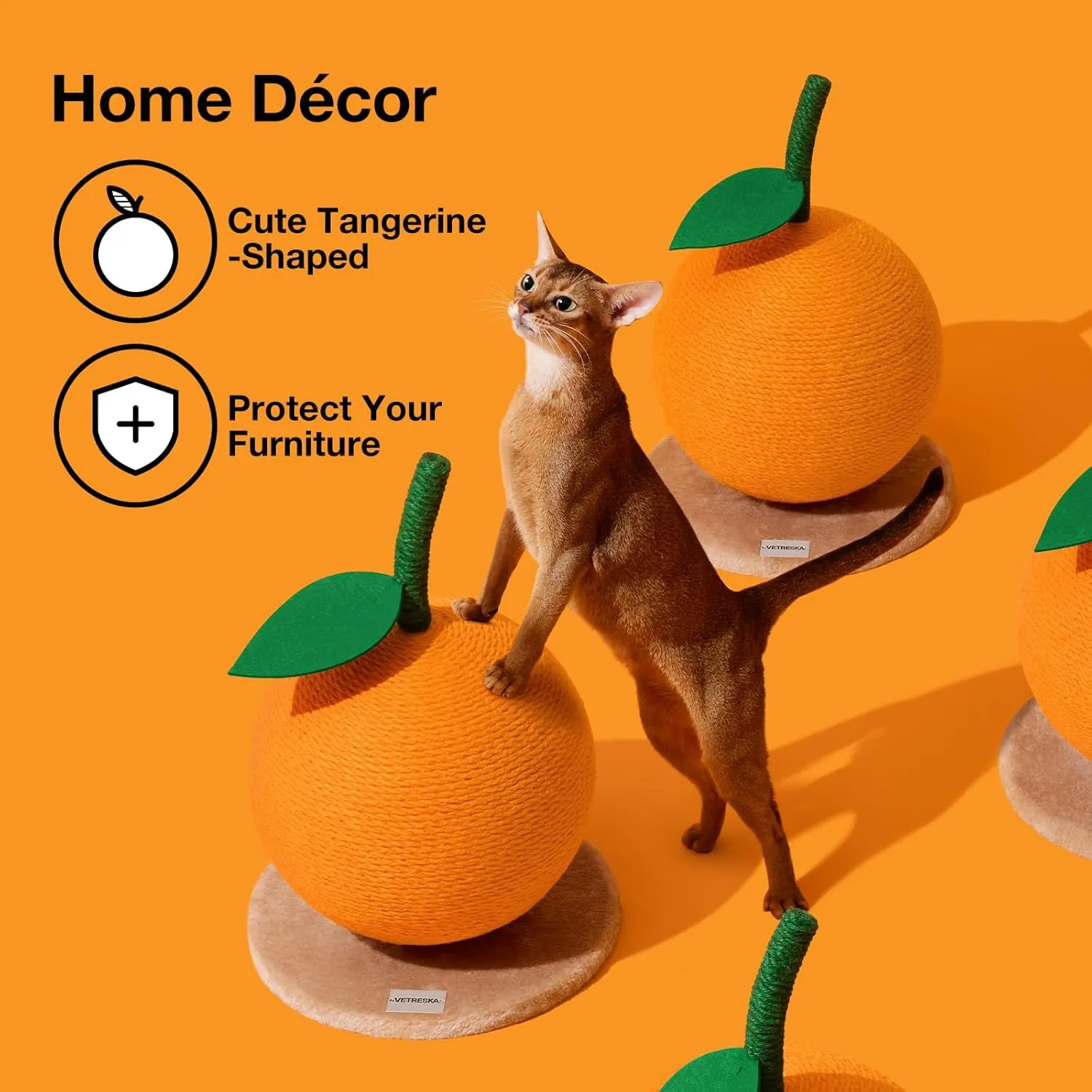VETRESKA Orange Cat Scratching Post, Cute Cat Scratcher with Sisal Rope, Vertical Cat Scratch Post for Indoor Cat and Kitten, Cat Scratching Ball