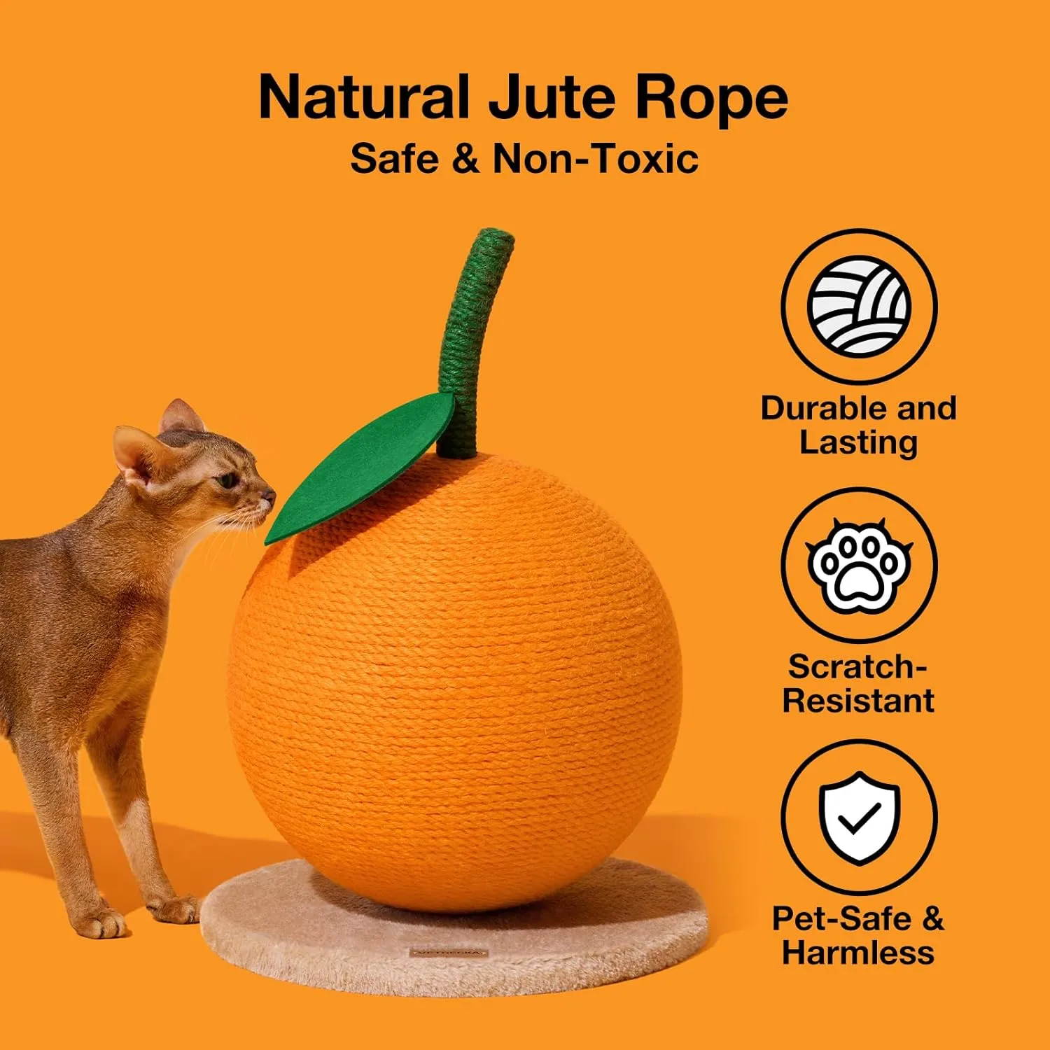 VETRESKA Orange Cat Scratching Post, Cute Cat Scratcher with Sisal Rope, Vertical Cat Scratch Post for Indoor Cat and Kitten, Cat Scratching Ball