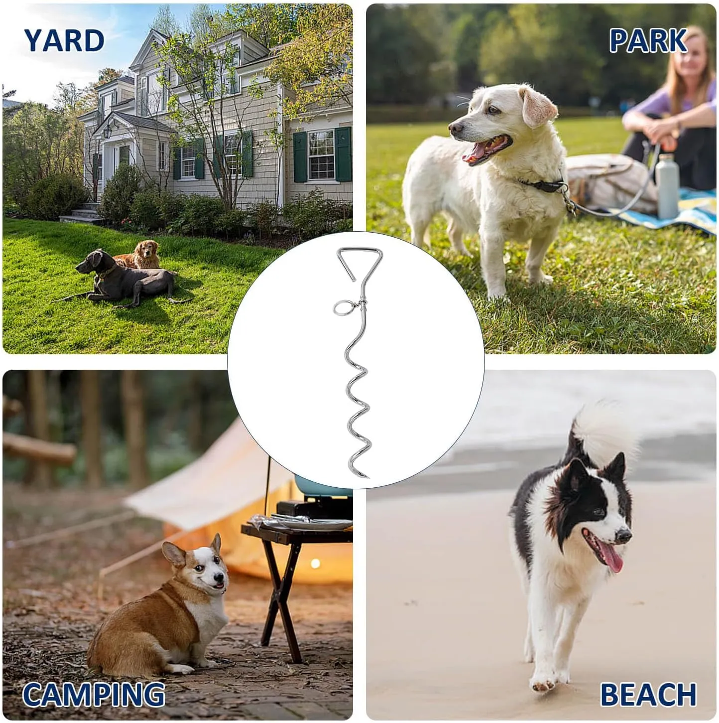 WePet Dog Tie-Out Stake, Durable Silver Spiral Anchorstake, Secure Outdoor Tethering for All Cable Leash Chain, Camping Yard, Rust-Resistant, Easy Installation, Medium, 16 Inch