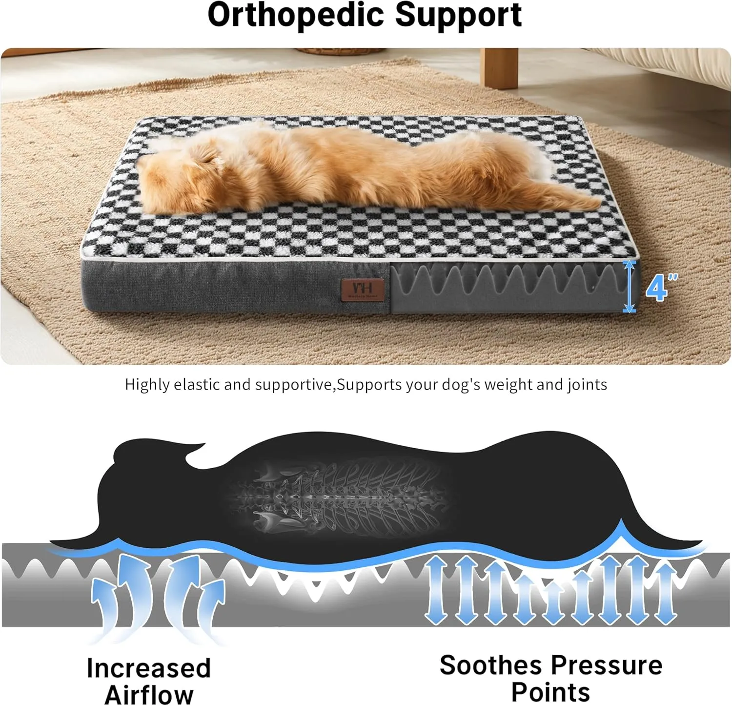 WESTERN HOME Extra Large Dog Bed XL, Waterproof Large Orthopedic Dog Bed with Washable Removable Cover, Egg Foam Pet Bed Mat for Crate, 42 inch, Grey