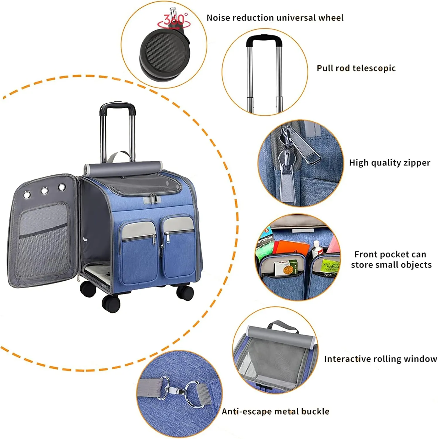 Wheeled Pet Carrier Backpack Pet Stroller,Travel Carrier with Detachable Wheels for Small Dogs Cats Puppies Up to 17 Lbs, Folding Puppy Carrier,Mesh Ventilation Windows, Storage Pockets