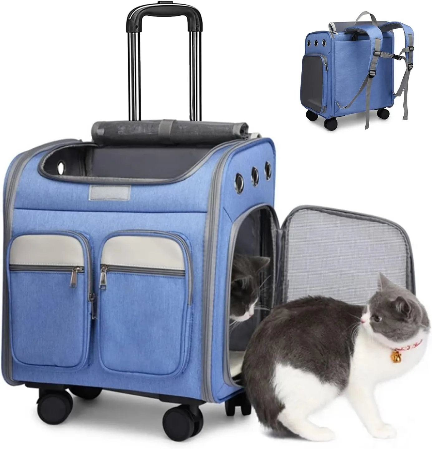 Wheeled Pet Carrier Backpack Pet Stroller,Travel Carrier with Detachable Wheels for Small Dogs Cats Puppies Up to 17 Lbs, Folding Puppy Carrier,Mesh Ventilation Windows, Storage Pockets