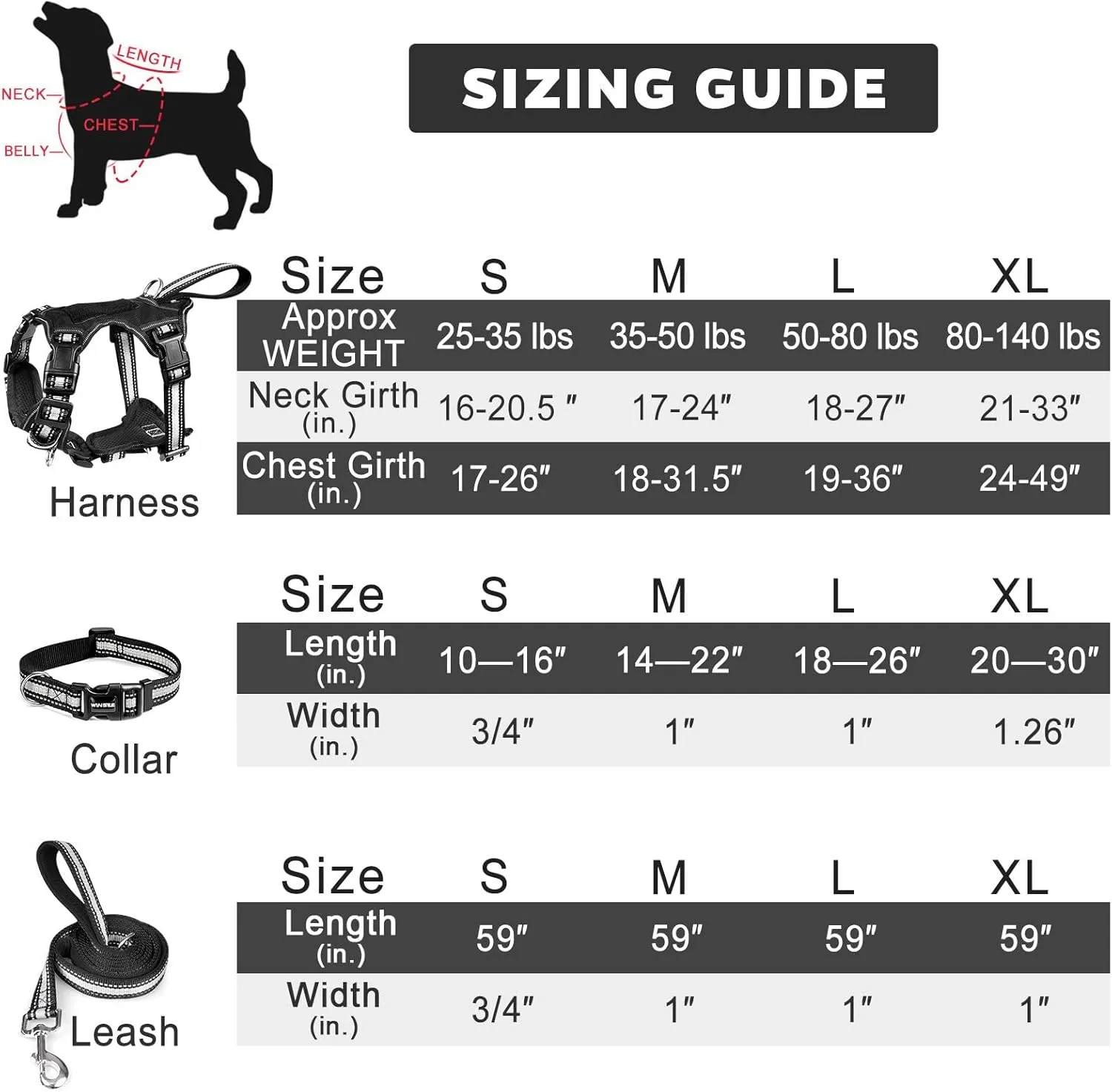 WINSEE Pet Harness Collar and Leash Set, All-in-one Reflective Dog Harness No Pull with Adjustable Buckles for Puppies, Small, Medium, Large, and Extra-Large Dogs (Small, Black)