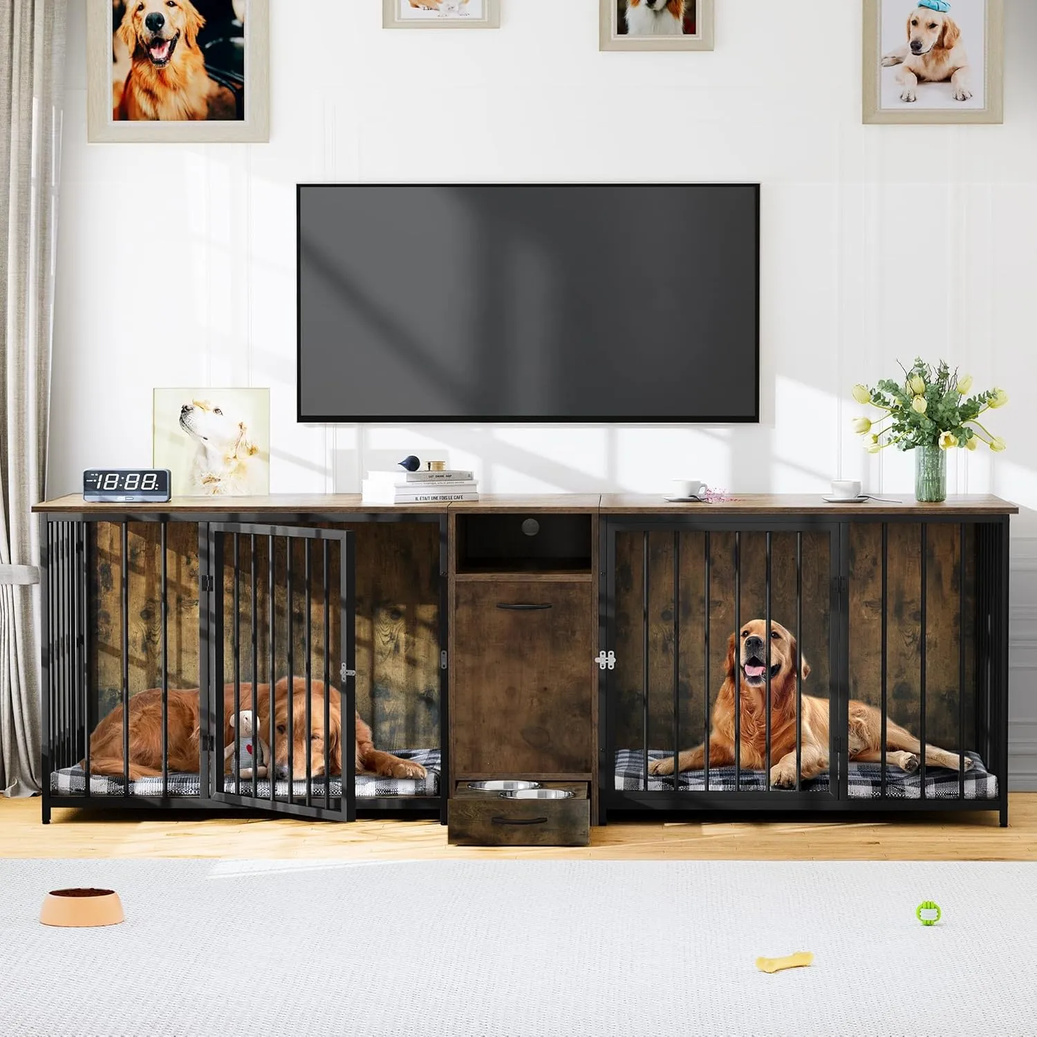 YITAHOME 94.5" Large Dog Crate Furniture with Feeder Bowls, Heavy Duty Dog Kennel with Room Divider and Drawer, Wooden Dog House TV Stand Table Indoor for 2 Large/Medium Dogs, Brown