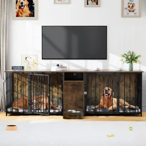 YITAHOME 94.5" Large Dog Crate Furniture with Feeder Bowls, Heavy Duty Dog Kennel with Room Divider and Drawer, Wooden Dog House TV Stand Table Indoor for 2 Large/Medium Dogs, Brown