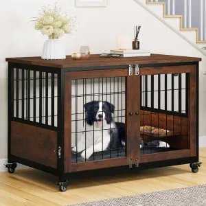 YITAHOME Dog Kennel Furniture with Feeder Bowls, 38.1" Dog Kennel End Table with Wheels and Flip Top, Furniture Style Dog Crate for Medium/Large Dogs, Brown